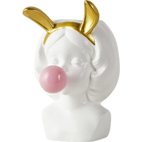Creative Resin vase Cute girl bubble gum Decoration home living room dining table Decorative art portrait gold vase