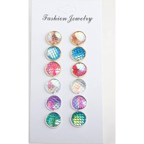 Korean Style Women 6Pairs Copper Base Round Stud Earrings Gifts Multi-Color Handcraft Fashion Fish Scale Earrings Simple Style