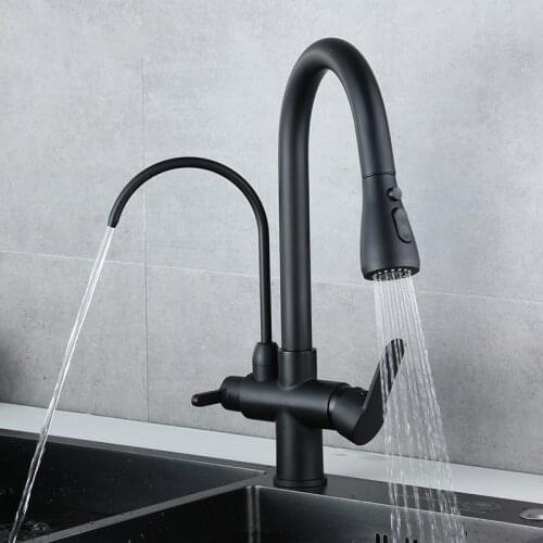 Matt Black Solid Brass Kitchen Taps with Pull Down Sprayer Commercial Purification Single Handle Pull Out Kitchen Sink Taps