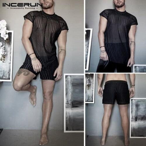 Men Striped Transparent Suits INCERUN Male Fashion Mesh Sets Sexy Nightclub Short Sleeve O Neck Tops Elastic Shorts Sets S-5XL