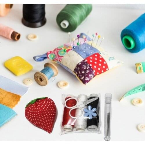 Travel Sewing Kit Strawberry Pincushion Thread Pins Needle Threader Scissors Pin Storage Tube for DIY Cross Stitch