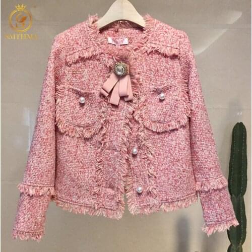 2021 New Autumn New Fashion Women O-Neck Pink And Gray Tweed Jacket Pearls Single-Breasted Vintage Elegant Ladies Tassels Coat
