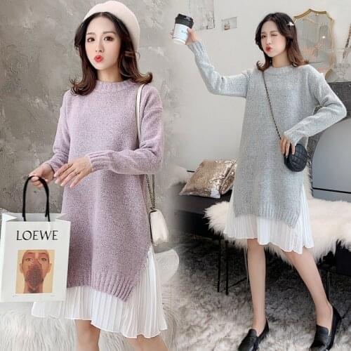 Pregnancy Clothes Sweater Dress Patchwork Thick Winter Knitted Ruffle Maternity Gown Pullover Full Sleeve Dresses for Women