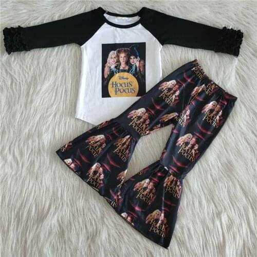 Clothes girl black long-sleeved top + cartoon pattern pants winter boutique fashion set