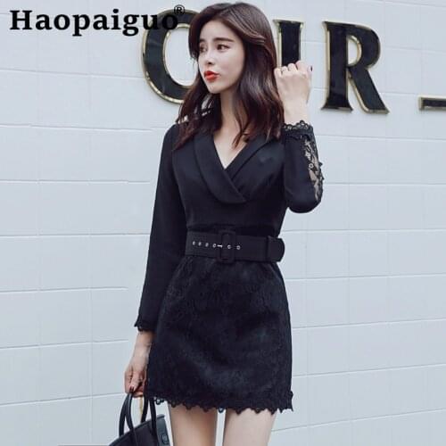 2019 Autumn Winter Black Blazer Dress Women Long Sleeve Work Office Dress Women Lace Patchwork Sheath Mini Wrap Dresses Women