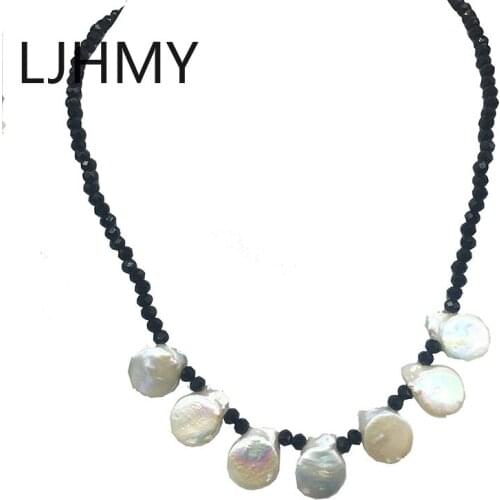 Strand Short Necklace 18 Inch Length Black Onyx Faceted Sparking with Coin Shaped Pearls Necklace Women Bohemia