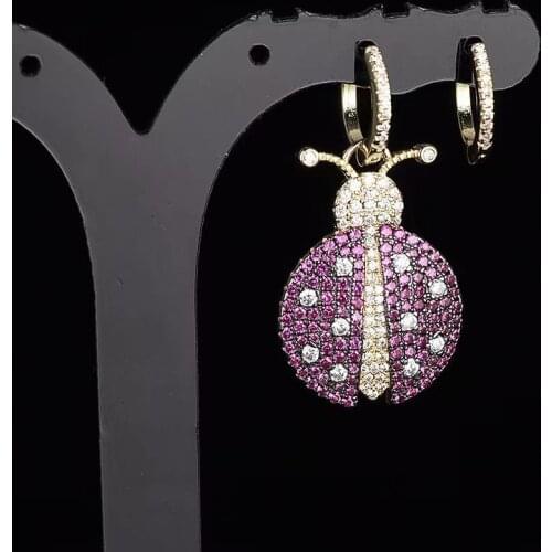 Cute Purple Crystal Ladybug Crystal Stud Earrings for Women Girl Adorable Insect Asymmetry Earrings Fashion Jewelry