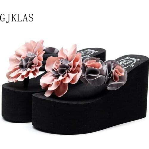 Summer Platform Flip Flops Wedges Shoes Women Slippers High Heels Flowers Beach Sliders Shoes Woman Casual Flip Flop Slippers