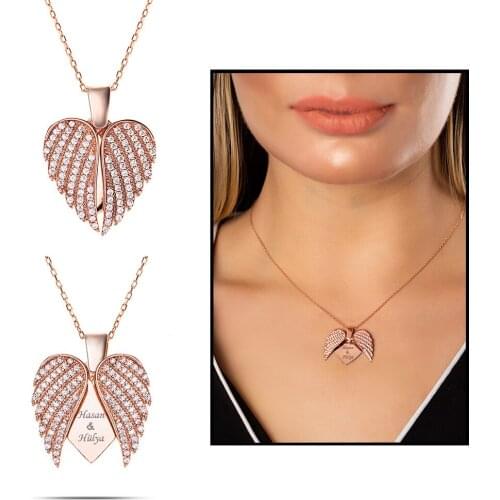 Tesbihane Zircon Personalized Name Written Rose Color 925 Sterling Silver Angel Wing Pendant