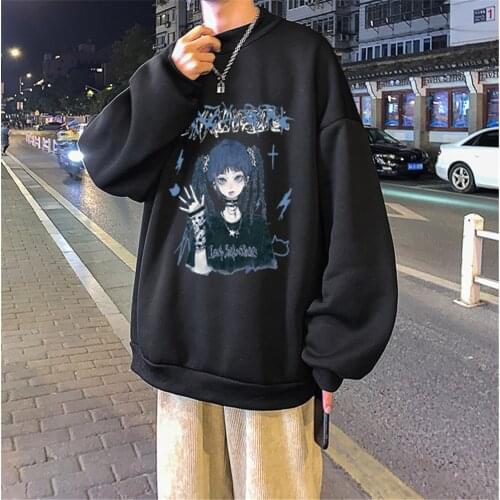 Punk Funny Cartoon Print Hoodie For Girl Autumn Fashion Black Japan Cool Women Tops Casual High Street Spring Gothic Sweatshirts