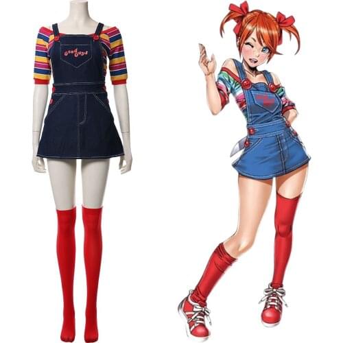 In Stock) Childs Play Chucky Cosplay Costume Chucky Dress Outfit Adult Girls Women Fancy Dress Halloween Carnival Costume