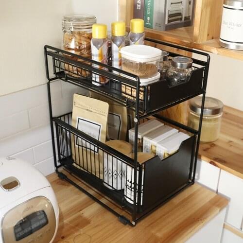 Double shelf kitchen storage shelf under the sink drawer type sliding retractable kitchen storage bathroom organizer