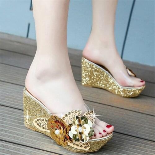 Akexiya 2021 Summer New Wedges Sandals Women Sexy Crystal Transparent High Heels PVC String Bead Slippers Fashion Shoes Woman