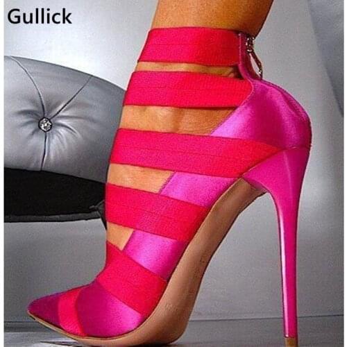 Gullick Big Size Ladies Club High Heels Sexy Pointed Toe Women Red Sandals Hollow Out Tied Straps Super Thin High Heels Back Zip