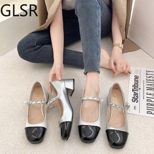 2021 Women Pumps Spring Summer Sweet Fashion Slip-On Shallow Lolita Girl PU Bight Leather Non-Slip Middle Heel Shoes