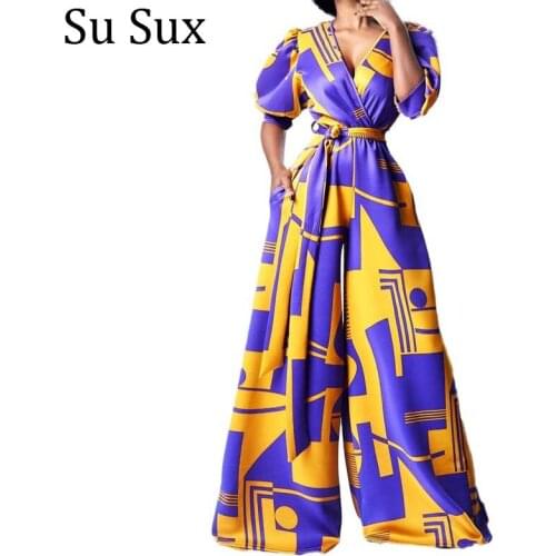 Wide Leg Jumpsuit Women Rompers African Clothes Vintage Print V Neck High Waist Jumpsuit Dashiki Vestidos Clothing 2021 Summer