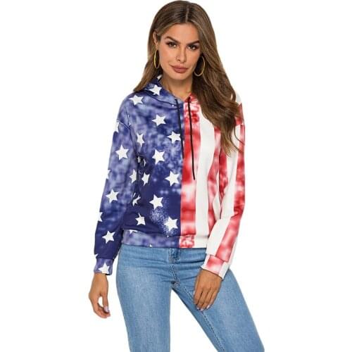 Women Hoodies Sweatshirts Casual American Flag Long Sleeve Pulloves Womens Sweatshirt Trendy Drawstring Coat Print For Ladies
