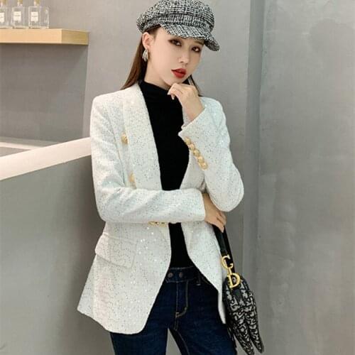 Fashion Ladies Woolen Coat Double Breasted Elegant Blazer Vintage Sequins Tweed Autumn Winter Women Jacket Outerwear