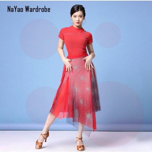 2021 New L59 Female Latin Dance Dress Women Yarn Sequins Design Belly Performamnce Dancing Skirt and Tops for Modern Dance