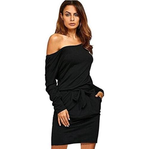 Autumn 2021 Women Sheath With Belt Dresses Sexy Off Shoulder Women Dress Long Sleeve Strapless Slim Slash Neck Women Dress