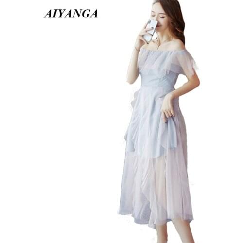 New 2019 Summer Dress Womens Mesh Dresses Slash Neck Off Shoulder Sexy Dress Medium Long Sweet Beach Style Womens clothing