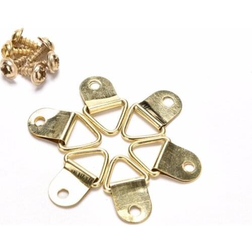 100pcs Golden Triangle D-Ring Hanging Picture Oil Painting Mirror Frame Hooks Hangers With 100 Screws 10x20mm