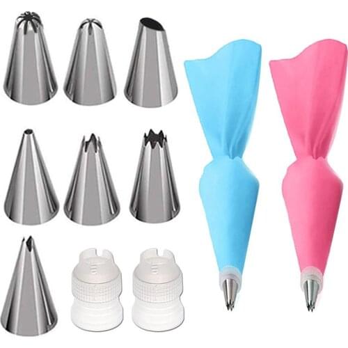 11pcs Cake Decorating Tools Stainless Steel Piping Tips Set Silicone Pastry Bags Tips Icing Piping Nozzles Cake Baking Supplies