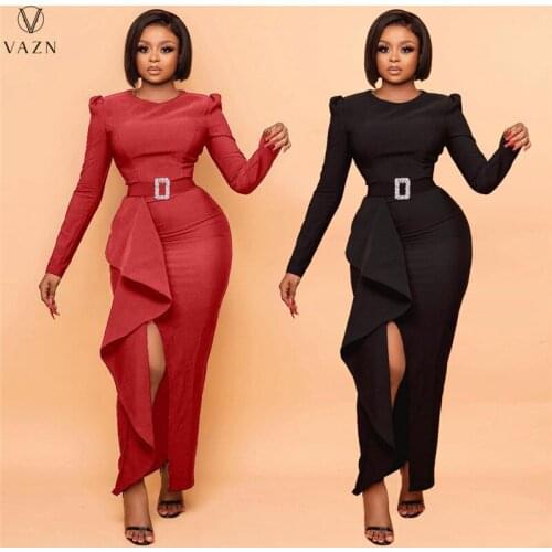 VAZN 2021 Autumn Long Dress Sexy Club Spit Dress Solid Full Sleeve Mature High Waist Pencil Maxi Young Vestidos For Female