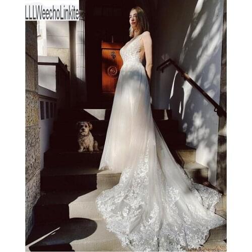 White Lace Tulle Beading A-Line Wedding Dresses Chapel Train V-Neck Sleeveless Floor-Length Bridal Gowns Custom Made