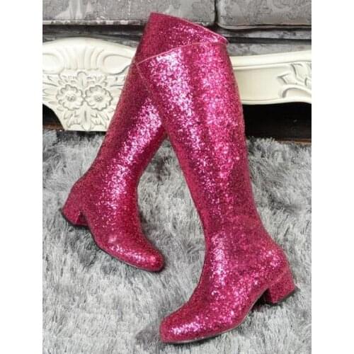 Sequined bling bling knee high boots 4CM square mid heel winter boots for woman rose red/gold/silver 3 colors motorcycle boots