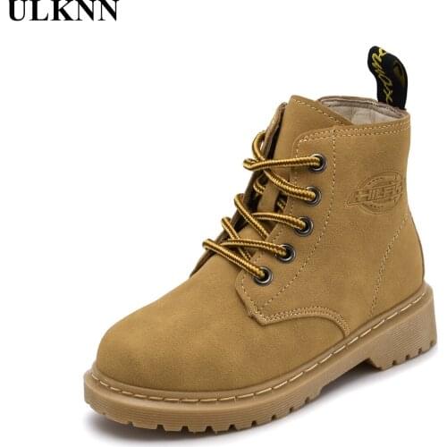 ULKNN Ankle Childrens Boots Matte Leather Retro Style Students Round Toe Martin Boots Lace-up Flat Shoes For Boy And Girl
