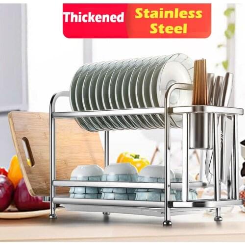 2Tier Thicken Stainless Steel Dish Drying Rack Kitchen Shelf Basket Plated Kitchen Knife Sink Dish Drainer Drying Rack Organizer