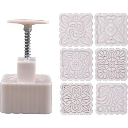 4XFA 250g Mooncake Mold with 6pcs Square Flower Stamps Hand Press Moon Cake Pastry Mould DIY Bakeware Mid-autumn Festival