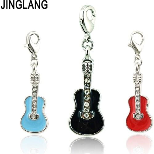 JINGLANG Fashion Charms Silver Plated White Rhinestone Black Guitar Lobster Clasp Charms For Jewelry DIY Making Accessories