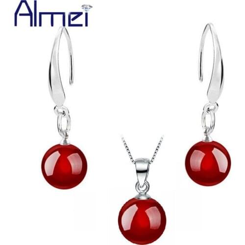 Almei Silver Color Jewelry Sets Black Ball Necklace Set Silver Earrings Wedding Jewellery Bijoux Femme Gifts Bisuteria WHT51