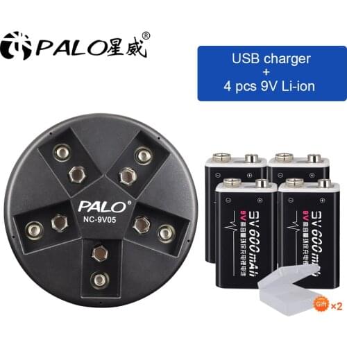 PALO 2-6pcs li-ion 600mAh 9 volt rechargeable lithium batteries 9V 6f22 battery+usb smart 9V battery charger for nimh li-ion 9V