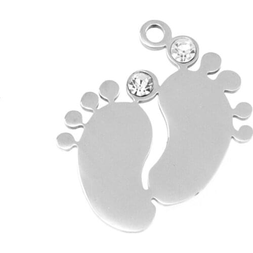 Baby Foot Pendant with Rhinestone Stainless Steel Charm Pendant Double Mirror Polish Gifts For Daughter/Son/Mom Wholesale 10pcs