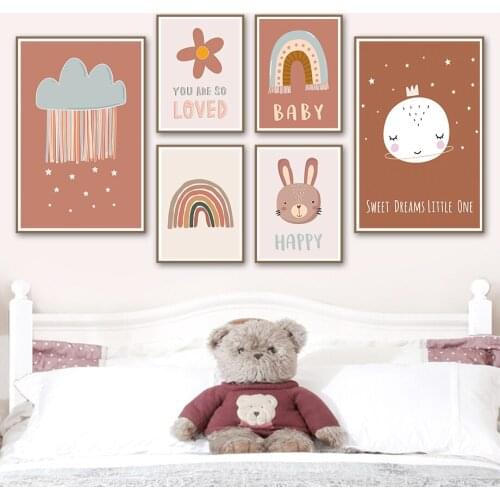 Rainbow Flower Rabbit Moon Cloud Stars Cartoons Wall Art Canvas Painting Nordic Posters And Prints Wall Pictures Kids Room Decor