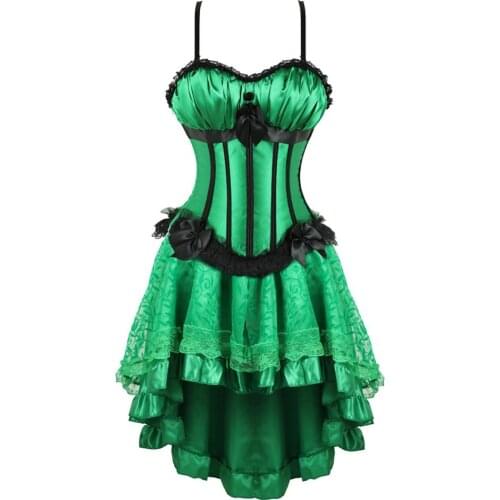 Adjustable Strap Corset Suit Sexy Women Retro Vintage Steampunk Bustier Green Top And Skirt Victorian Lingerie Plus Size 6XL