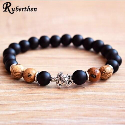 Ruberthen New Design Tortoise Charm Bracelet Natural Picture Jaspers Bracelet Matte Black Onyx Beaded Wrist Mala Bracelet