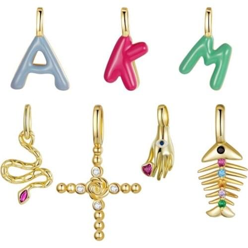 BISAER 925 Sterling Silver Enamel Letter Charms Gold Color Snake Fishbone Fit Original Charms Bracelets Jewelry Making ECP051