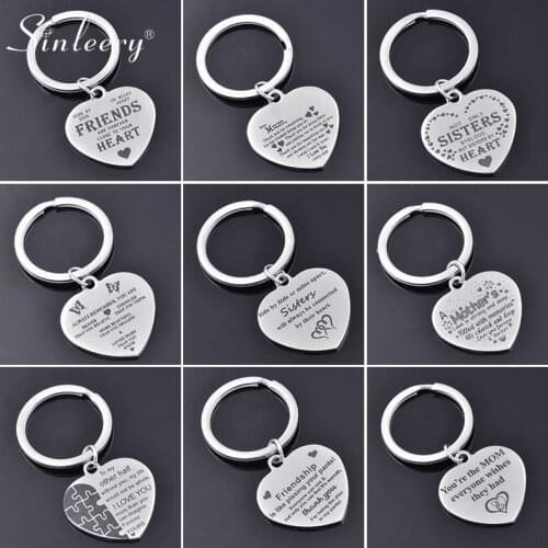 SINLEERY Stainless steel keychain Heart Pendant Key Ring Son Couple Friend Blessing Message Key Holder Rings Women Men YS006 SSK