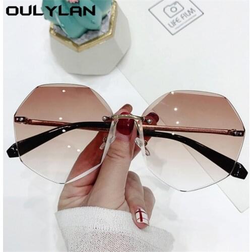 Oulylan Metal Rimless Sunglasses Women Design Polygon Trimming Sun Glasses Vintage Classic Gradient Shades UV400 Pink Eyewear