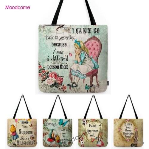Lovely Cute Cartoon Alice Wonderland Quotes Art Fairy Tale Childhood Cotton Linen Shopper Tote Bag Water Resistant Souvenir Bag