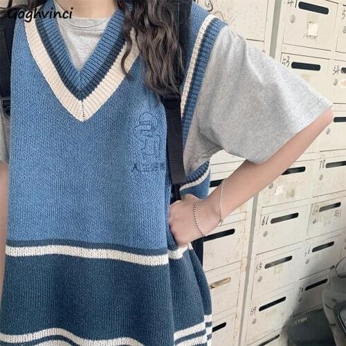Sweater Vest Cartoon V-neck Striped Preppy Sweet Casual Daily Outwear Ins Sleeveless Sweaters Womens Korean Style All-match Chic