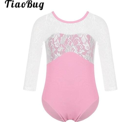 TiaoBug Kids Lace Splice Dance Wear Gymnastics Leotard Figure Skating Bodysuit Stage Performance Children Girls Ballet Costume