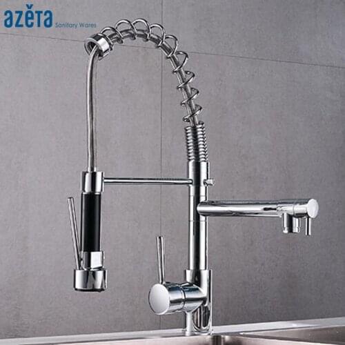 High Quality Retail Wholesale Kitchen Faucet Chrome Plated Spring Pull Down Side Sprayer Dual Spouts Kitchen Mixer Tap MK9844
