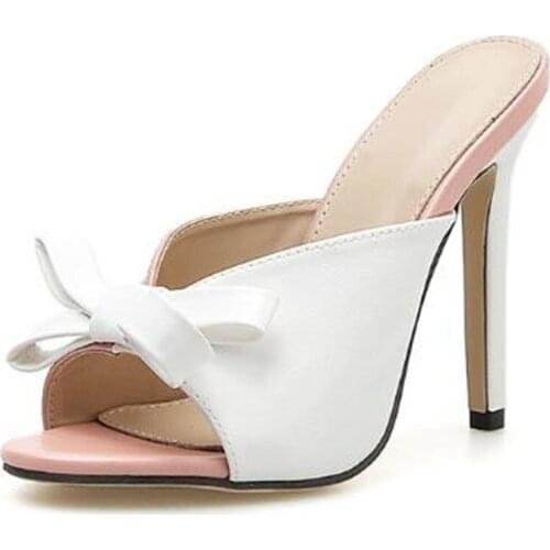 Women sandals PU Slip On 11.5cm Thin Heels High heels Round Toe Butterfly-knot Shallow sandal women shoes 2020 size 35-42