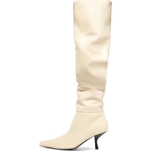 Beige Back Faux Leather Over the Knee Boots Woman Fashion Pointed Toe Thin Heel Brand Design Long Boots Lady Daily High Heels