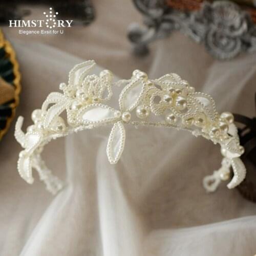 HIMSTORY Vintage White Flower Brides Tiara Headpieces Pearl Hairbands Soft Bridal Evening Hair Jewelry